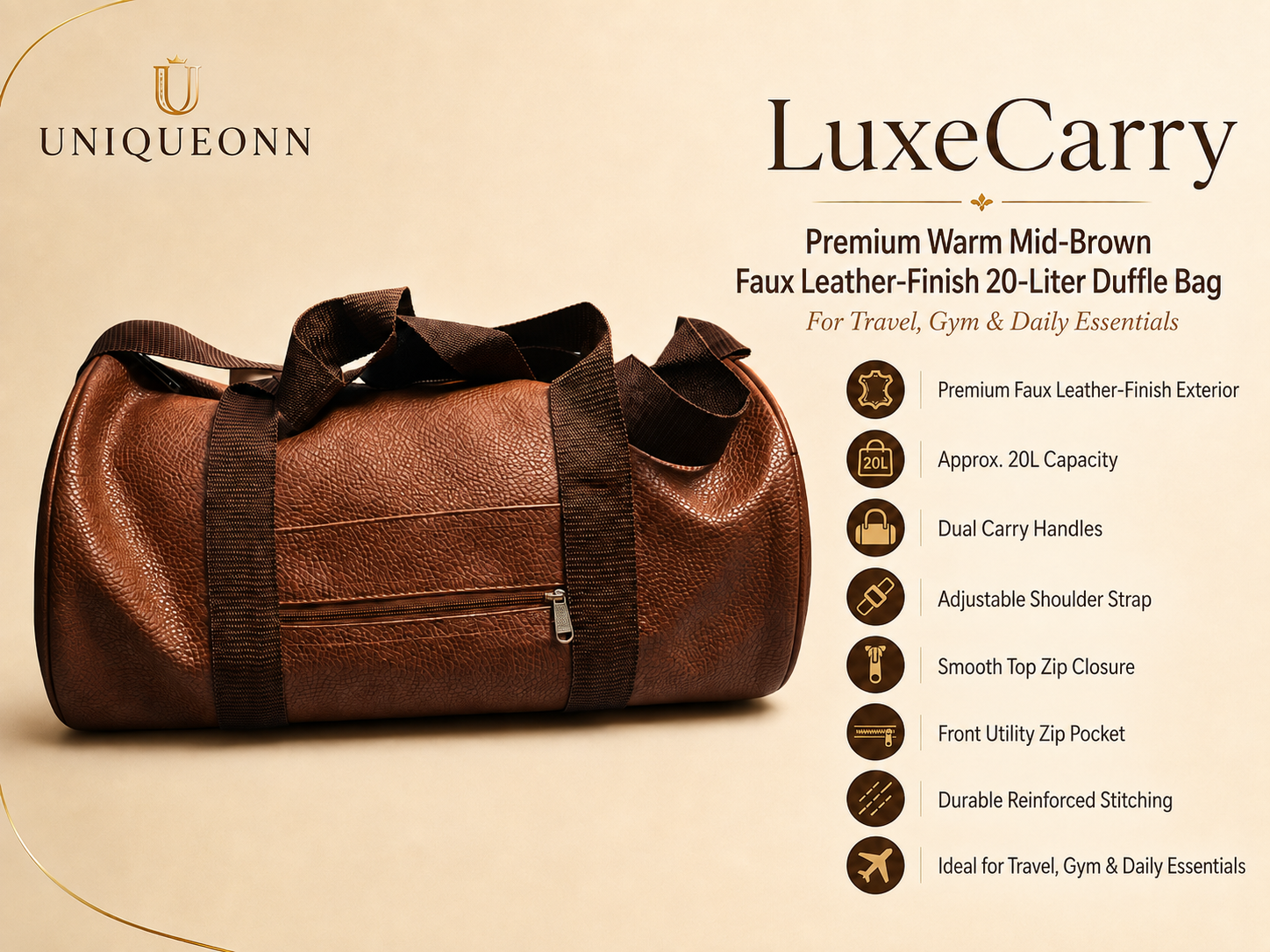 A brown faux leather duffle bag with dark brown handles and zipper trim, shown on a beige background with the UNIQUEONN brand logo and product feature text for LuxeCarry.