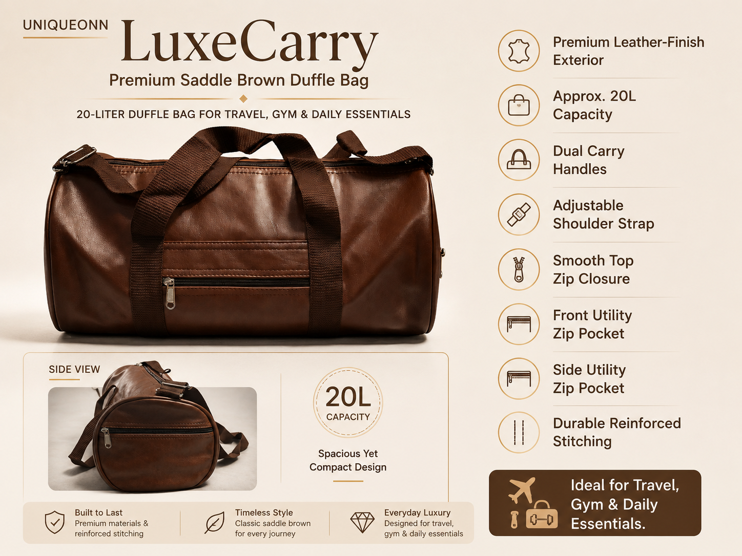 A brown leather-look duffle bag shown on a beige promotional graphic with text callouts, a side-view inset, and feature icons. The product is labeled as a LuxeCarry 20-liter duffle bag, with the brand name UNIQUEONN visible at top left.