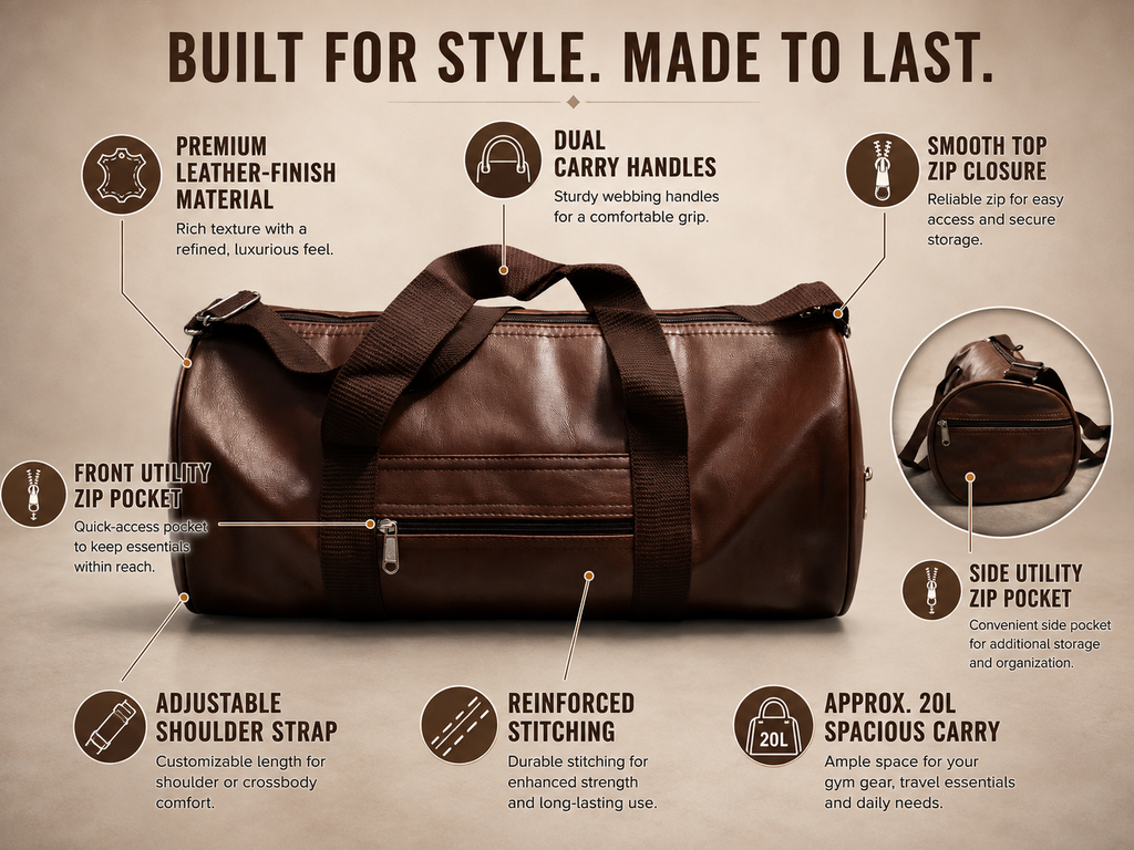 A brown leather duffel bag shown on a beige background with callout text and icons highlighting features such as premium leather finish, dual carry handles, smooth top zip closure, adjustable shoulder strap, reinforced stitching, and utility pockets.
