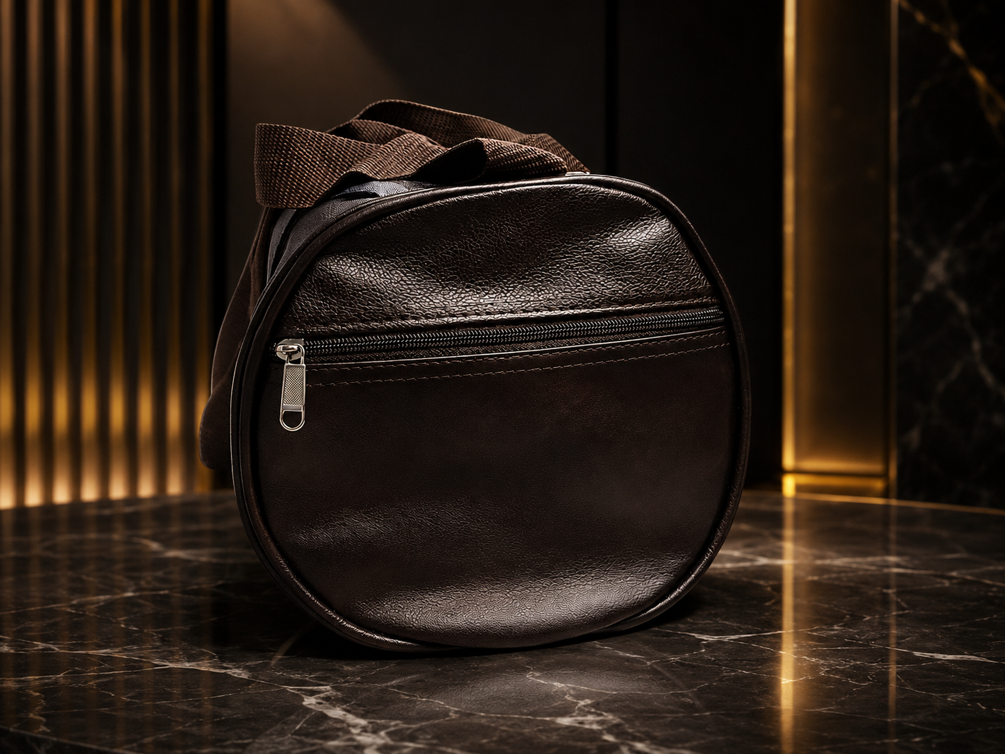 A dark brown textured leather cylindrical bag with a top handle and a front zippered pocket, displayed on a polished black marble surface with warm vertical light strips in the background.
