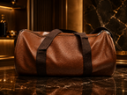 A brown pebbled leather duffel bag with dark brown webbing handles, resting on a polished dark marble surface in an elegant, warmly lit interior setting.