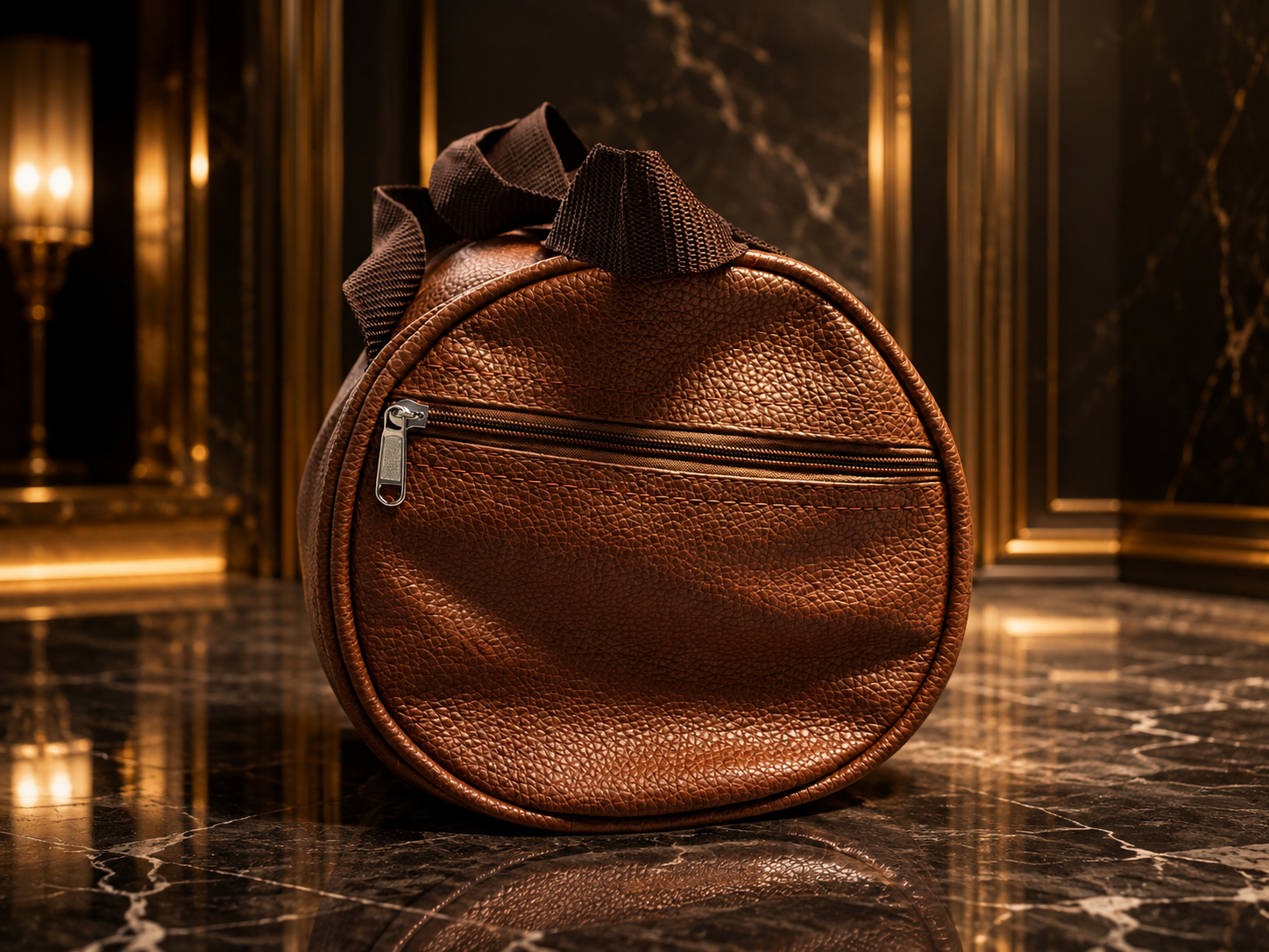 A brown textured leather circular bag with a top zipper and a dark brown ribbon handle, set on a polished black marble floor with gold-framed walls in the background.