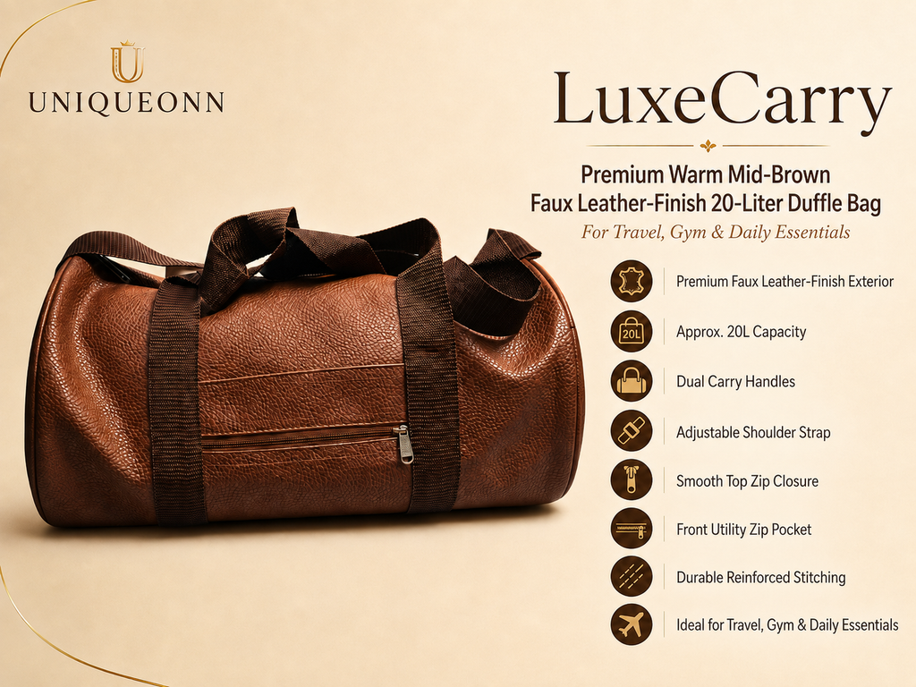 A brown faux leather duffle bag with dark brown handles and zipper trim, shown on a beige background with the UNIQUEONN brand logo and product feature text for LuxeCarry.