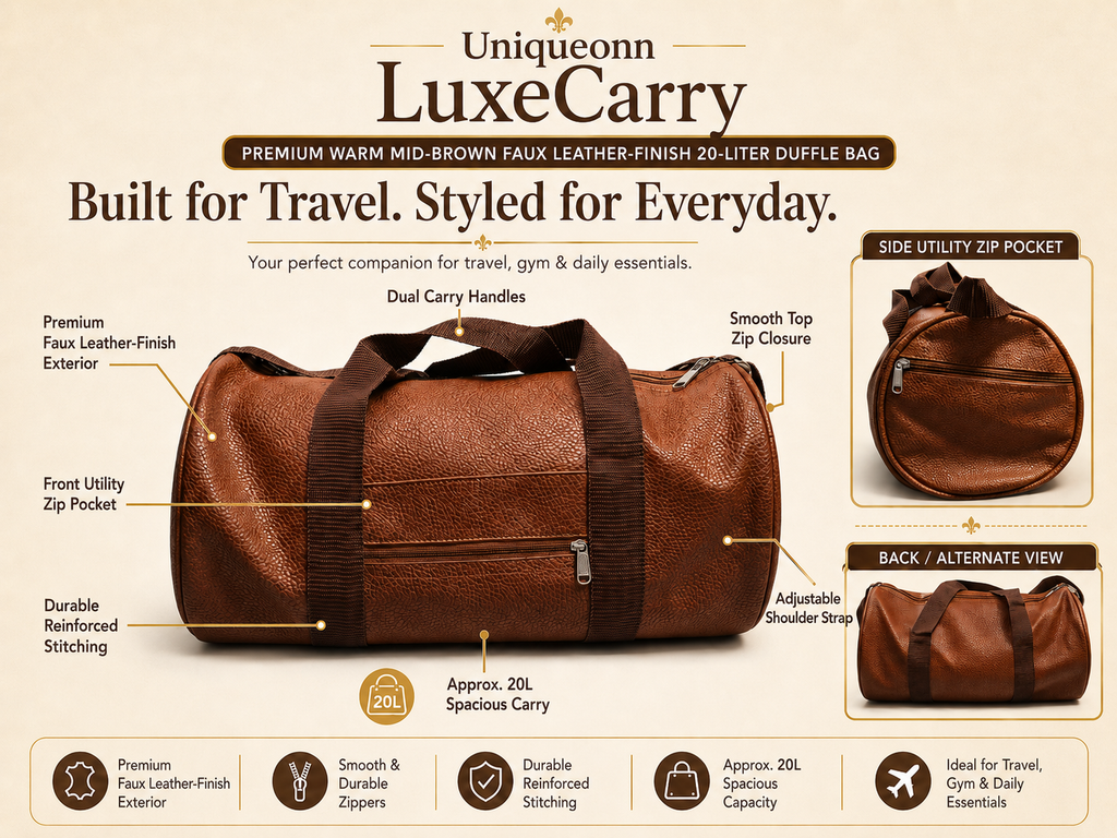 A promotional infographic for the Uniqueonn Luxe Carry 20-liter duffel bag. The main subject is a brown faux leather duffel bag shown from the front, with callout lines pointing to features like dual carry handles, zipper pockets, and stitching.