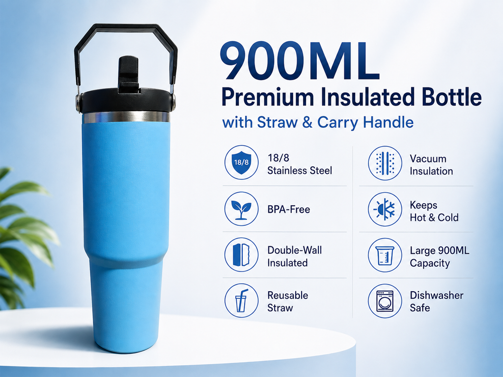 A light blue 900ML insulated water bottle with a black lid and carry handle, shown on a white pedestal against a light blue background with product feature text and icons.