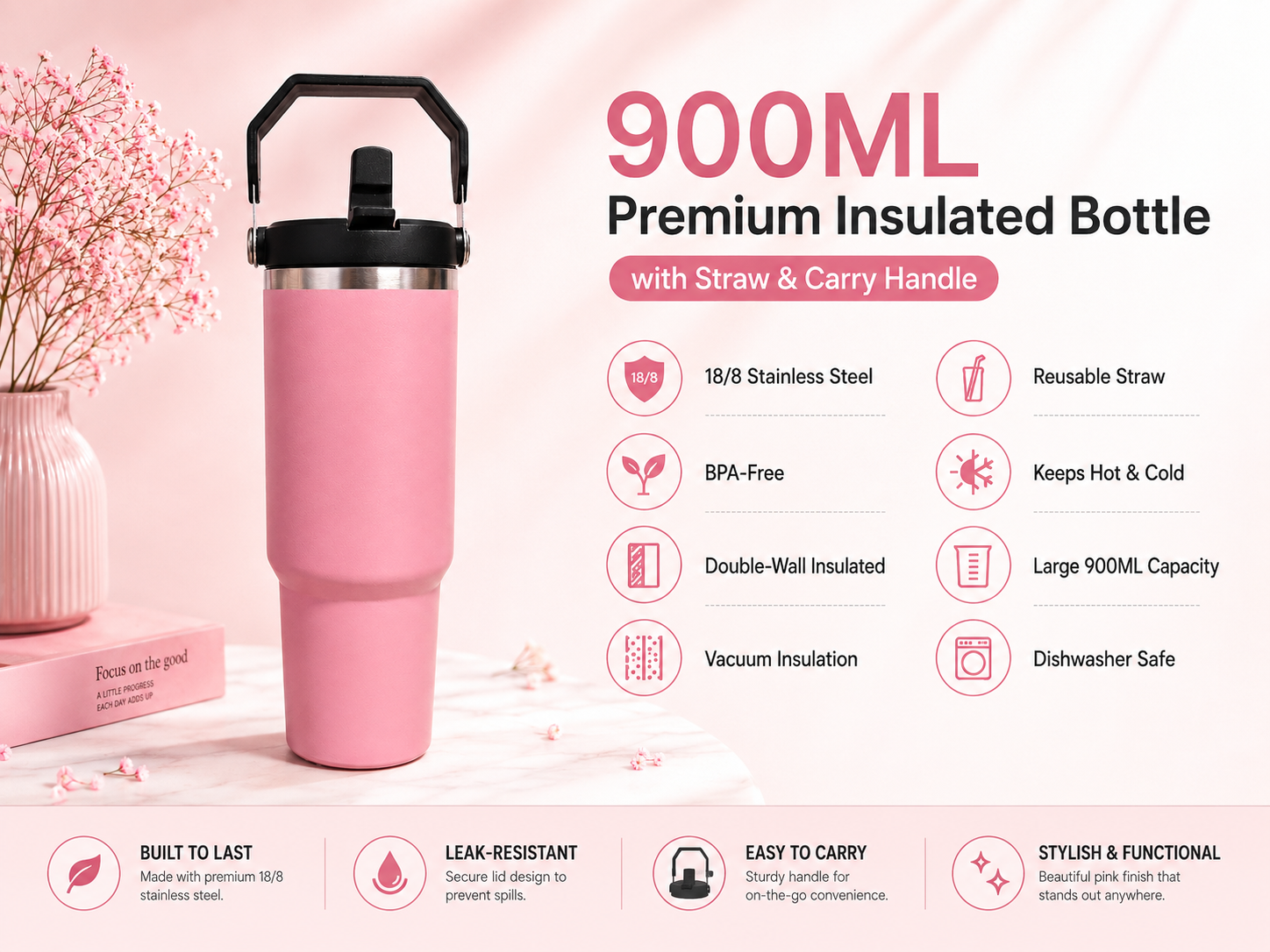 A pink 900ml insulated bottle with a black straw lid and carry handle, shown on a light pink background with decorative flowers and text highlighting product features.