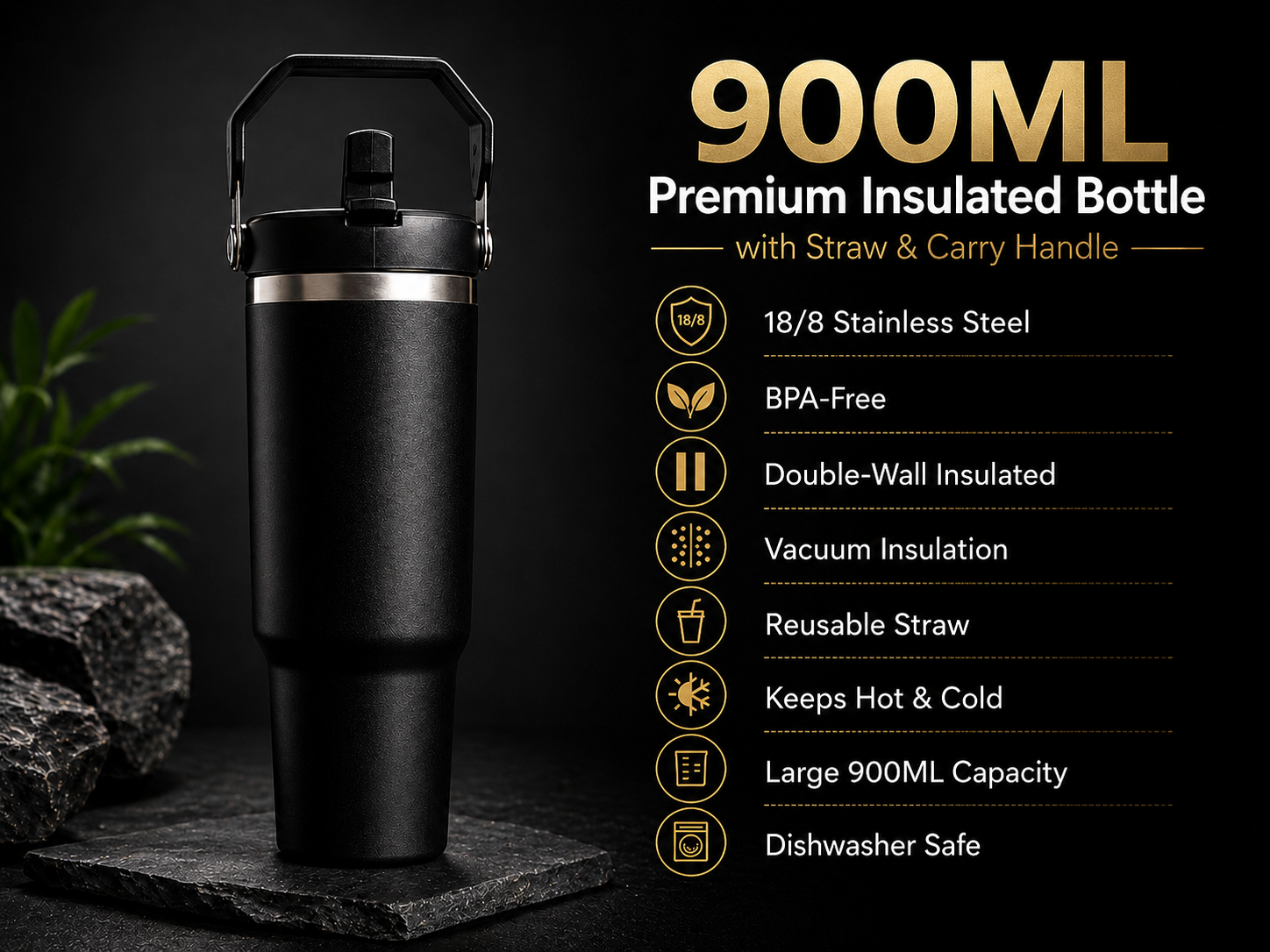 A black 900ml insulated travel bottle with a carry handle and straw, shown on a dark background with a product feature list on the right.