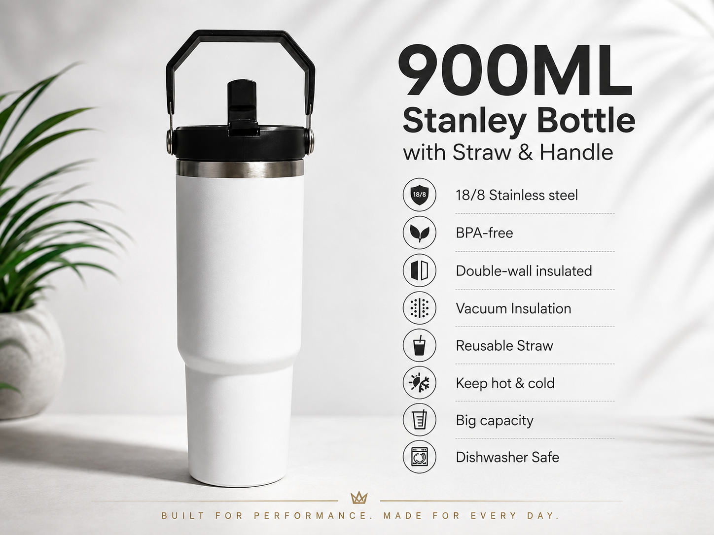 A 900ML white insulated stainless steel Stanley bottle with a black lid, handle, and straw, shown on a light gray background with a small plant and a list of product features on the right.