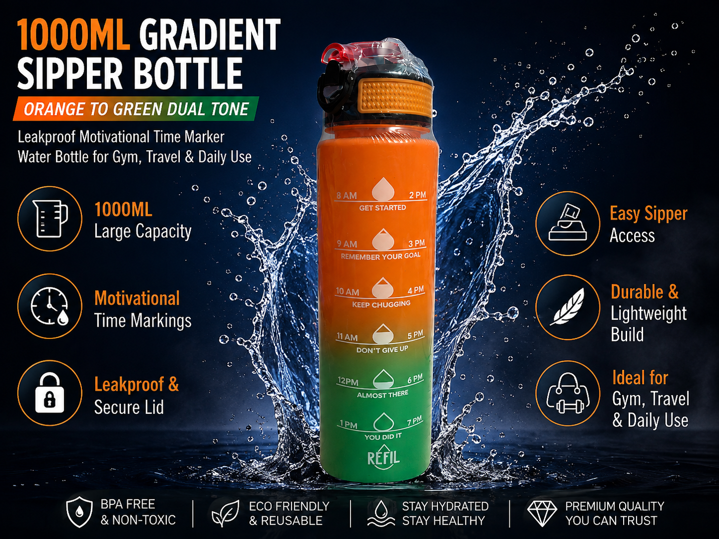 An orange-to-green gradient 1000ml sipper bottle with a clear cap and black base, shown in a promotional graphic with water splash effects and feature callouts on a dark blue background.
