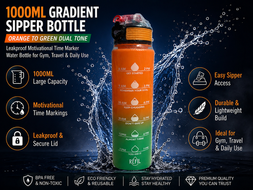 An orange-to-green gradient 1000ml sipper bottle with a clear cap and black base, shown in a promotional graphic with water splash effects and feature callouts on a dark blue background.