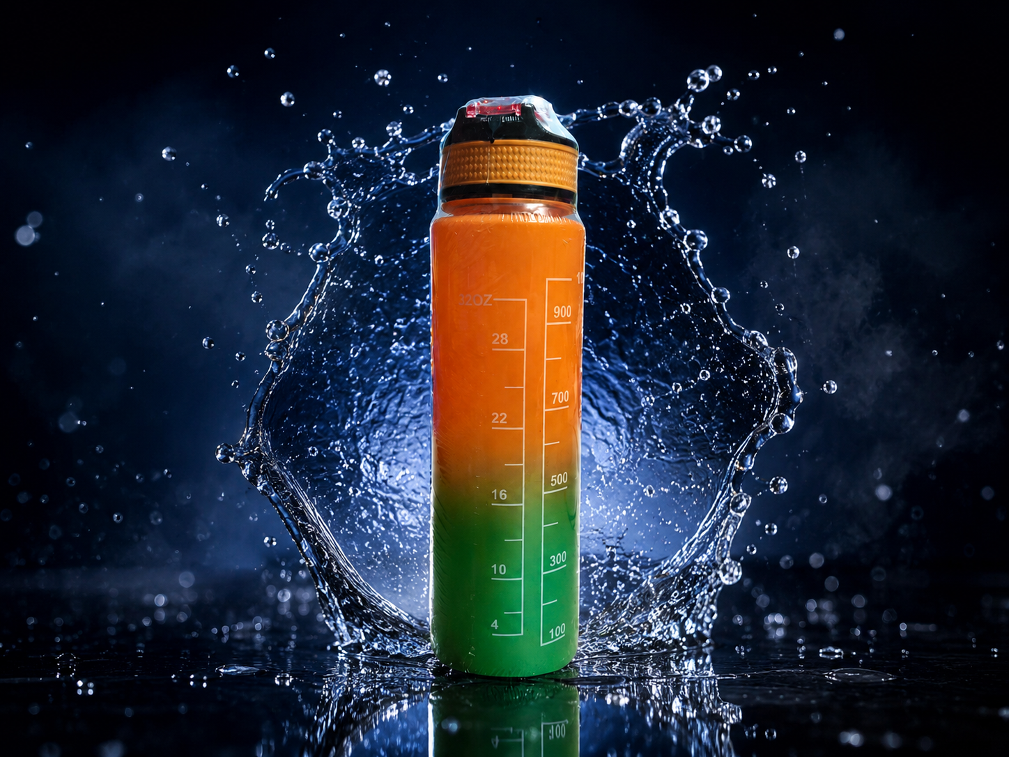 A tall plastic water bottle with a yellow-to-green gradient body and white measurement markings, standing in a dramatic water splash against a dark blue background.