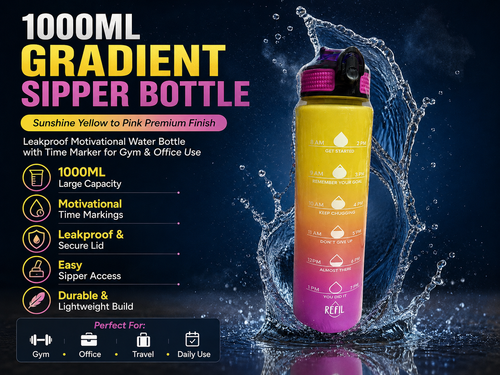 A 1000ml gradient sipper bottle with a yellow-to-pink color transition, shown in a dynamic splash scene with text highlighting its features and branding.