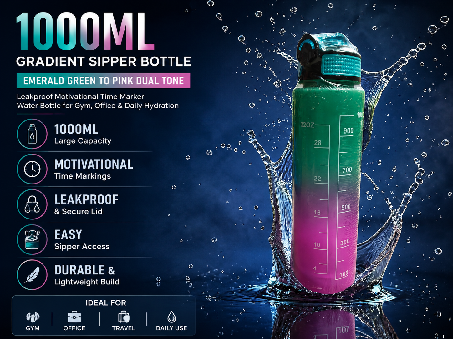 A 1000ml gradient sipper water bottle with a green-to-pink color transition, shown in a dynamic splash scene with text highlighting its leakproof, large capacity, and motivational features.