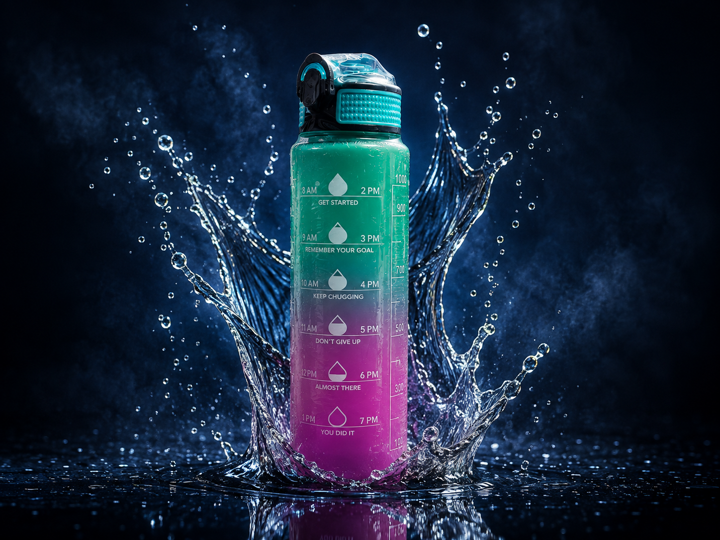A tall water bottle with a teal-to-magenta gradient and printed time markers, surrounded by dramatic water splashes on a dark blue background.