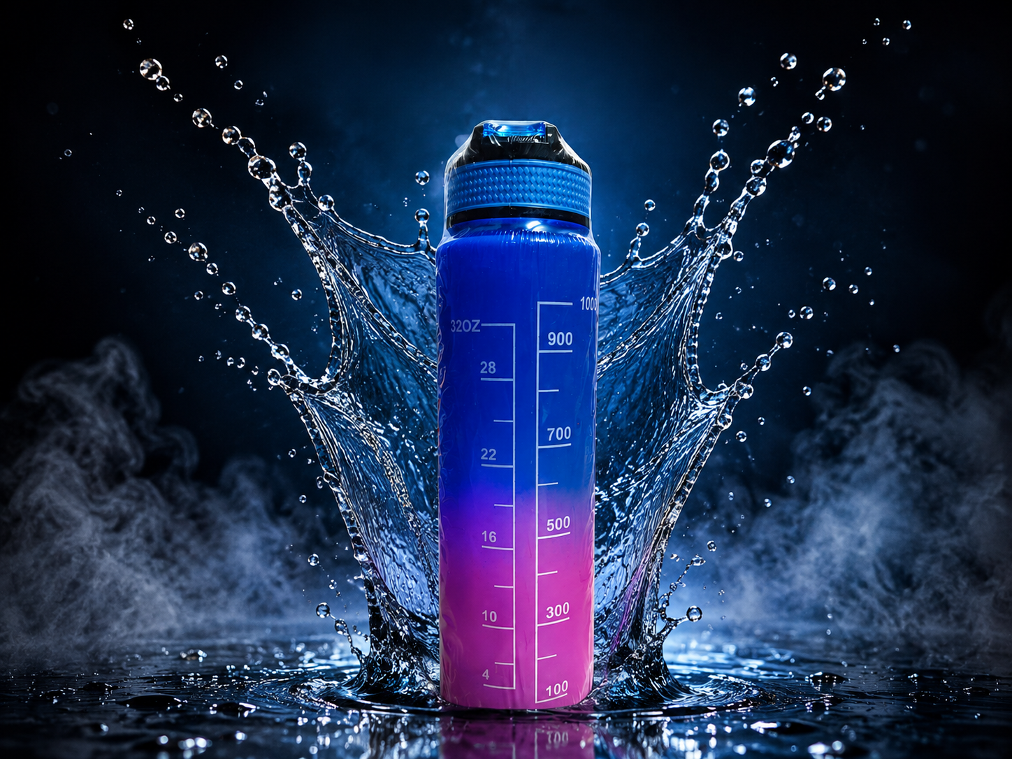 A blue and pink gradient plastic water bottle with measurement markings, surrounded by a dramatic water splash on a dark blue background.