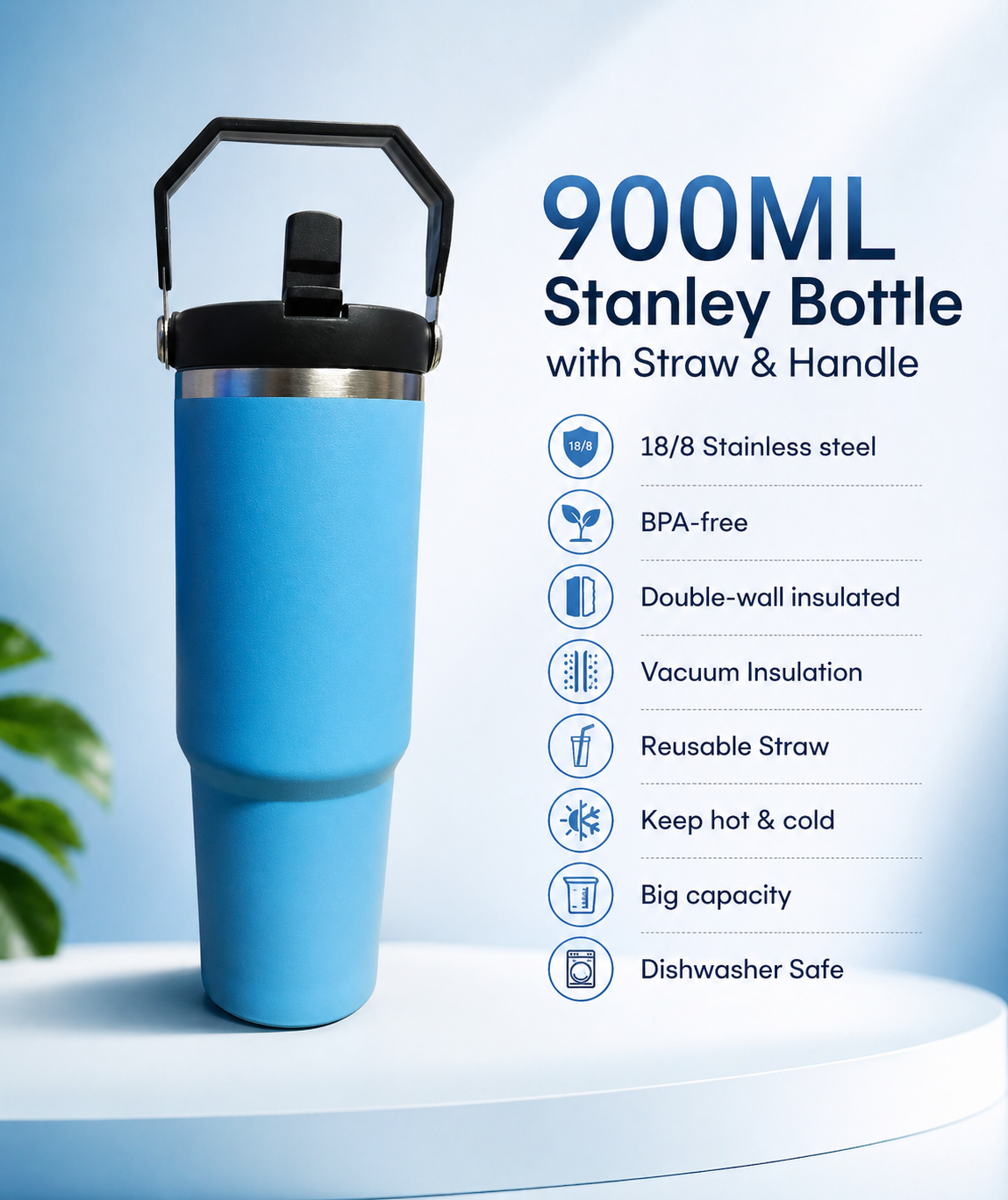 900ML Blue Stanley Style Insulated Bottle with Straw & Handle | Cold & Hot Tumbler