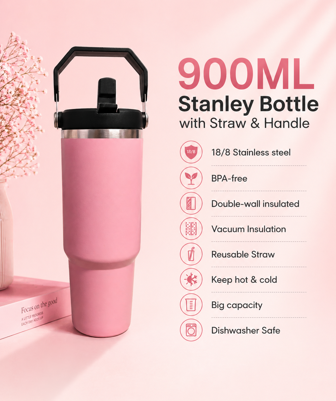 900ML Pink Insulated Stanley Style Bottle with Straw & Handle | Stylish Hot & Cold Tumbler