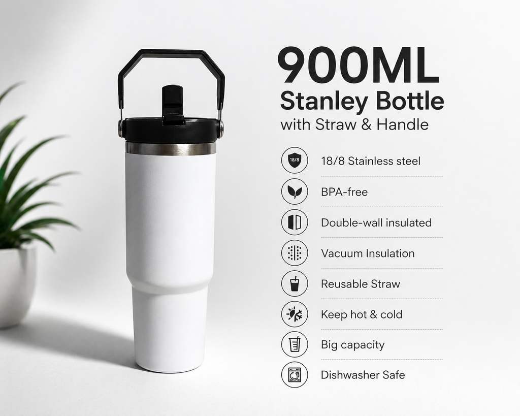 900ML White Minimal Insulated Bottle with Straw & Handle | Clean Hot & Cold Tumbler