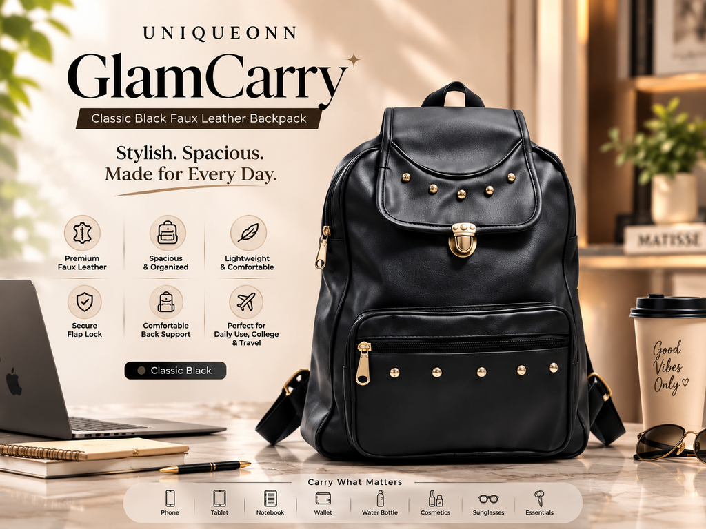 Uniqueonn GlamCarry Classic Black faux leather backpack featuring premium finish, gold-tone hardware, studded detailing, reinforced stitching and secure flap lock.