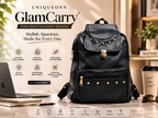 Uniqueonn GlamCarry Classic Black faux leather backpack featuring premium finish, gold-tone hardware, studded detailing, reinforced stitching and secure flap lock.