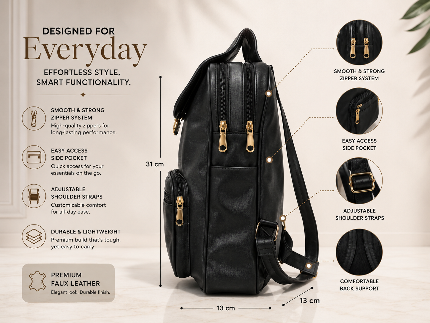 Side view of Uniqueonn GlamCarry Classic Black backpack showing dual compartments, zippers, adjustable straps and faux leather finish