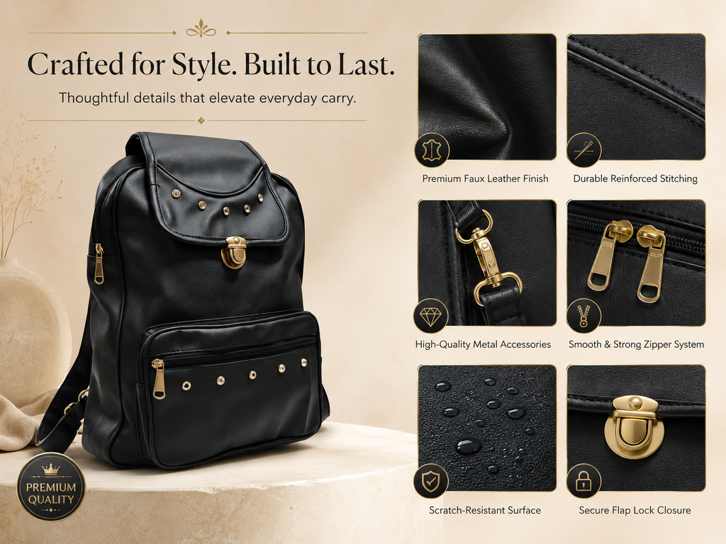 Uniqueonn GlamCarry Classic Black faux leather backpack with spacious design, secure flap lock and everyday carry features