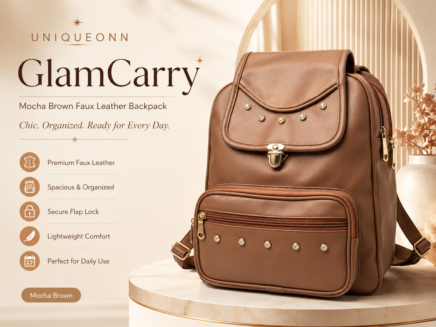 Uniqueonn GlamCarry Mocha Brown faux leather backpack with gold hardware, reinforced stitching, stud detailing and secure flap lock