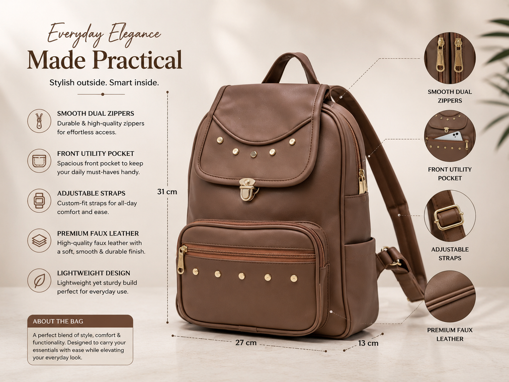 Uniqueonn GlamCarry Mocha Brown backpack featuring premium faux leather, adjustable straps, utility pocket and smooth dual zippers
