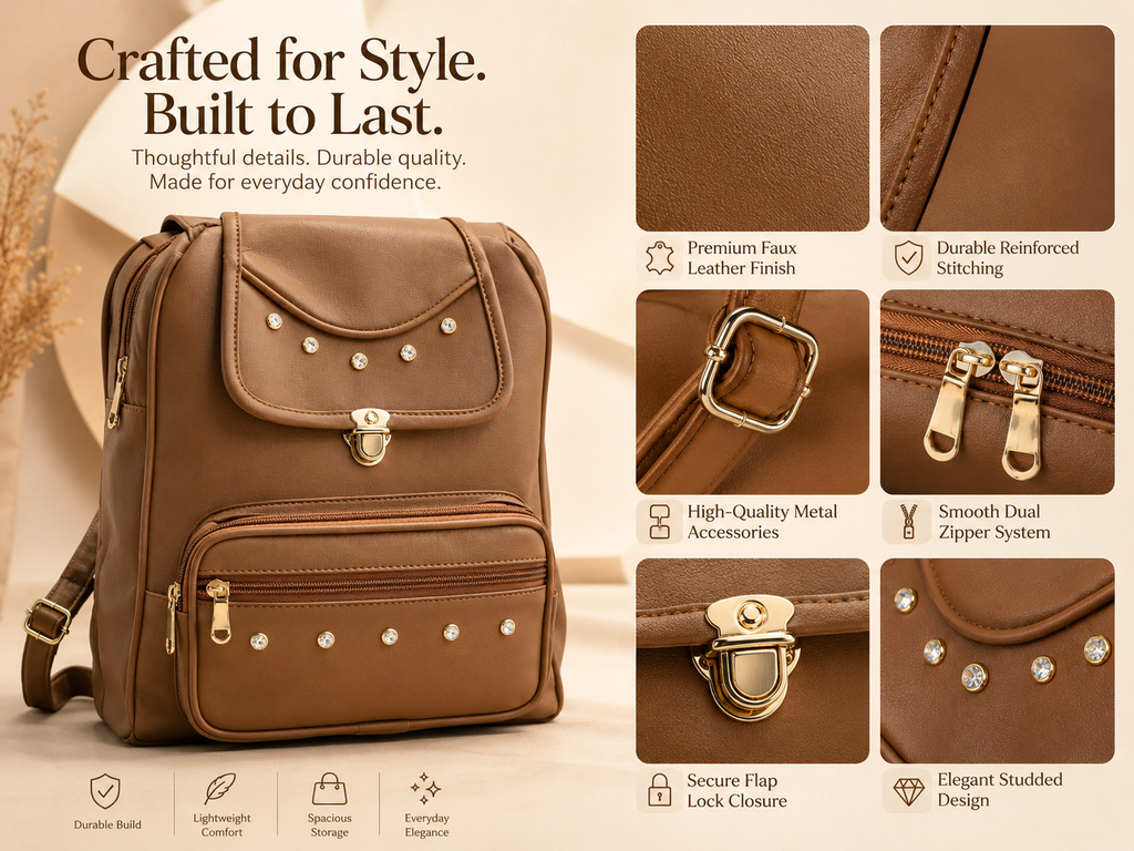 Uniqueonn GlamCarry Mocha Brown faux leather backpack with spacious organization, secure flap lock and lightweight everyday design