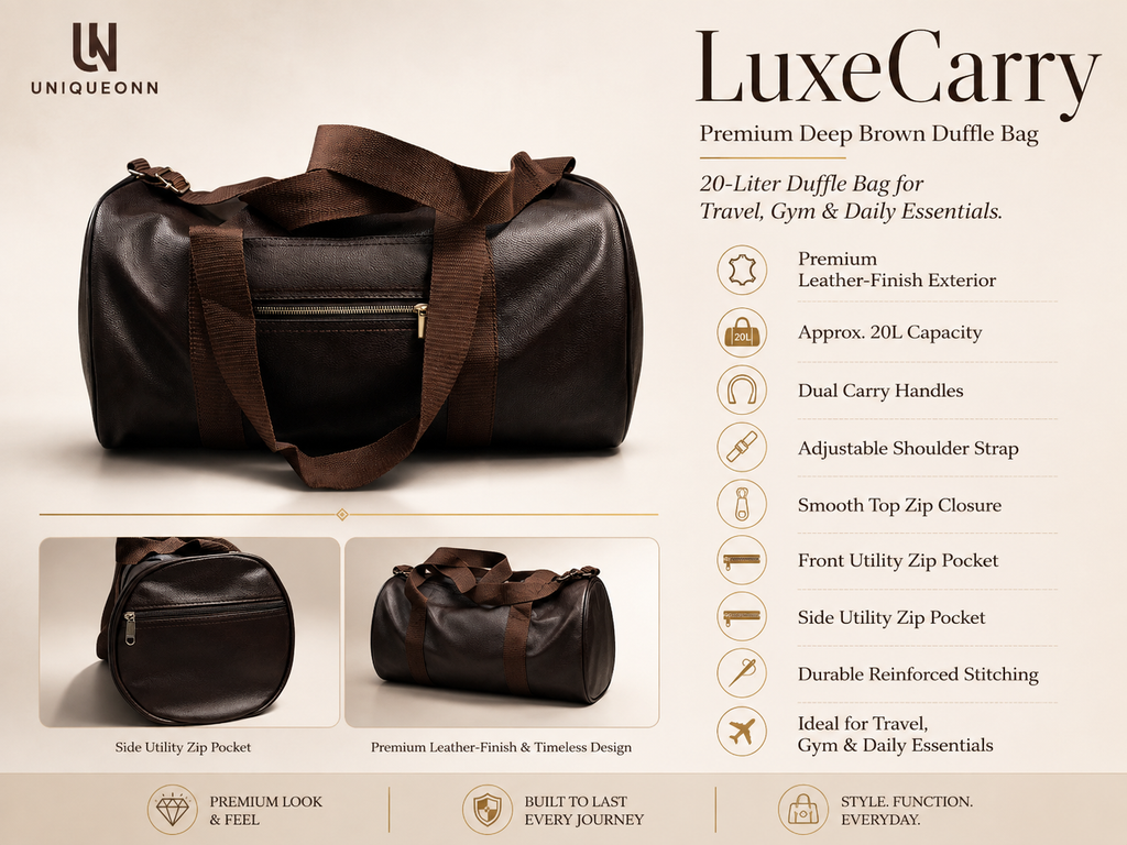 A promotional product graphic for the Uniqueon LuxeCarry premium deep brown duffle bag. The main product is shown in large view on the left, with three smaller inset views below showing side utility zip pocket, front utility zip pocket, and leather finish detail.