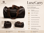 A promotional product graphic for the Uniqueon LuxeCarry premium deep brown duffle bag. The main product is shown in large view on the left, with three smaller inset views below showing side utility zip pocket, front utility zip pocket, and leather finish detail.