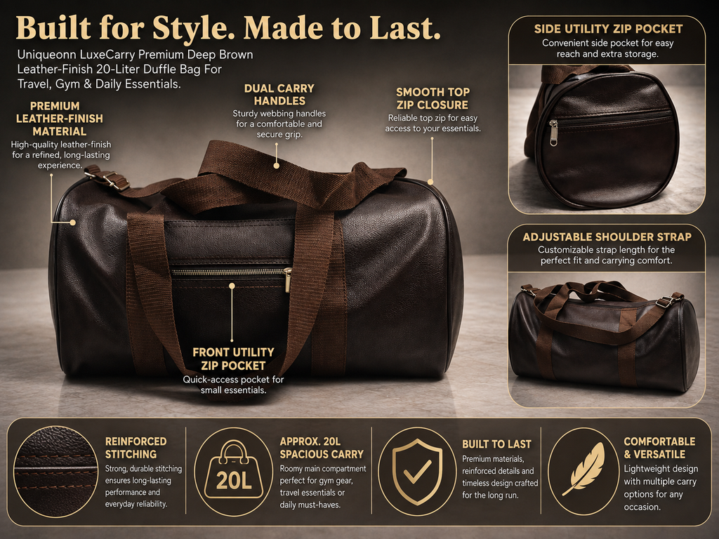 A dark brown leather duffel bag with multiple utility pockets, shown on a black background with feature callouts and text describing its design and materials.