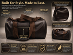 A dark brown leather duffel bag with multiple utility pockets, shown on a black background with feature callouts and text describing its design and materials.