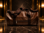 A brown leather duffel bag with dark brown webbing handles and a front zippered pocket, displayed on a polished dark marble surface with a luxurious gold-toned background.