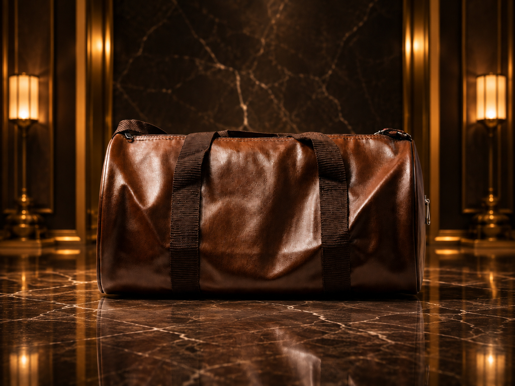 A brown leather duffel bag with black webbing handles, displayed on a polished dark marble floor in front of a matching marble wall with warm gold-toned wall panels and lamps.