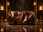 A brown leather duffel bag with black webbing handles, displayed on a polished dark marble floor in front of a matching marble wall with warm gold-toned wall panels and lamps.