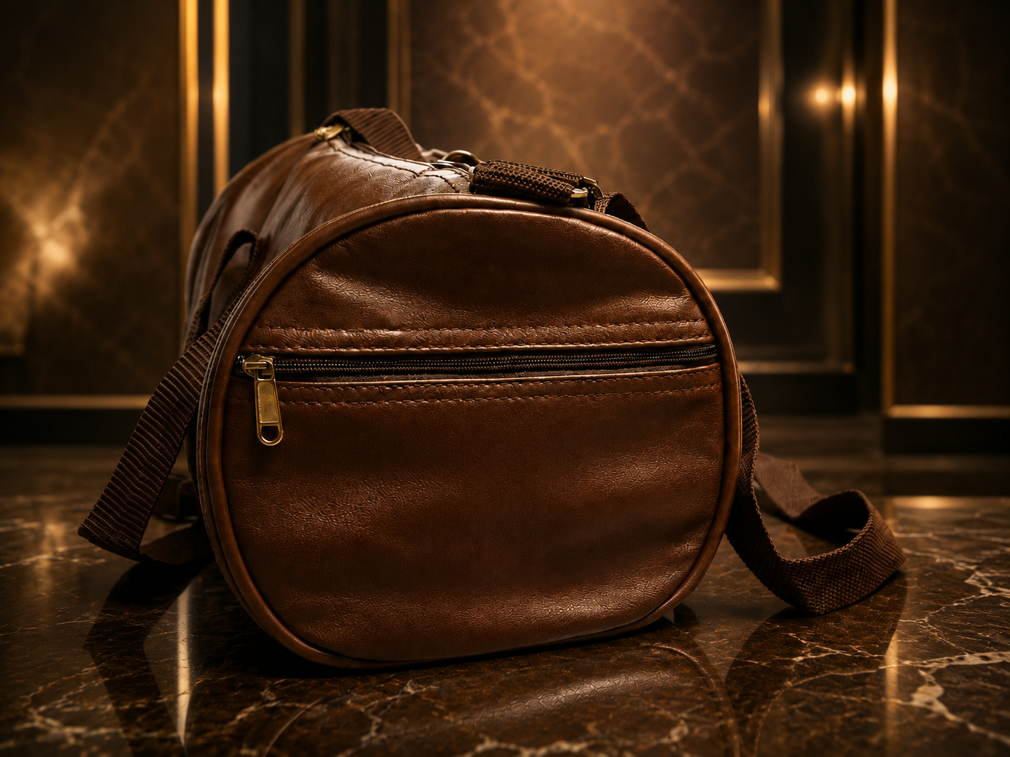 A brown leather cylindrical duffel bag with a front zippered pocket and a shoulder strap, resting on a polished dark marble floor against a luxury interior background.