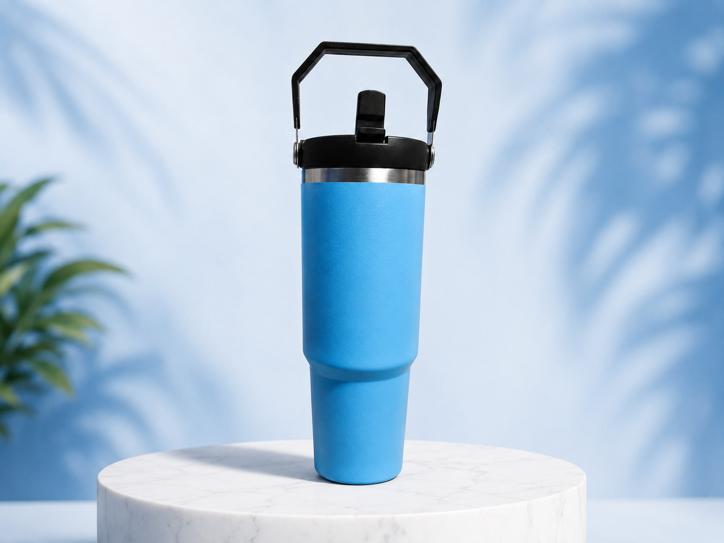 A bright blue insulated travel tumbler with a black handle lid and silver band, displayed on a white marble pedestal against a light blue background with palm leaf shadows.