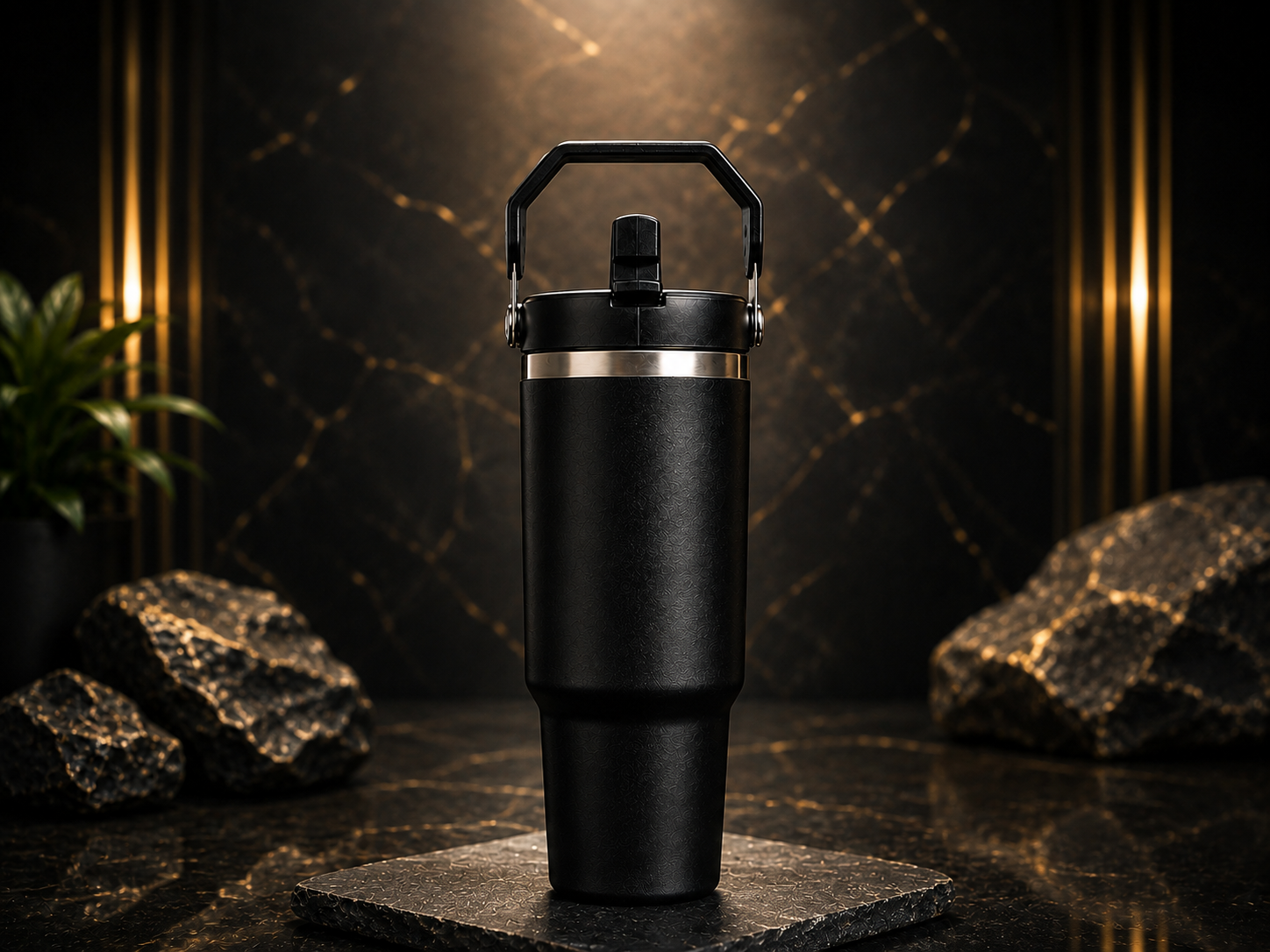 A matte black insulated travel tumbler with a carry handle and stainless steel band, displayed on a dark stone slab against a luxurious dark marble background with gold veins and decorative rocks.