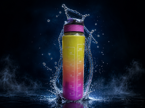 A tall plastic shaker bottle with a yellow-to-pink gradient body, featuring white measurement markings and a purple cap, surrounded by dramatic water splashes on a dark background.