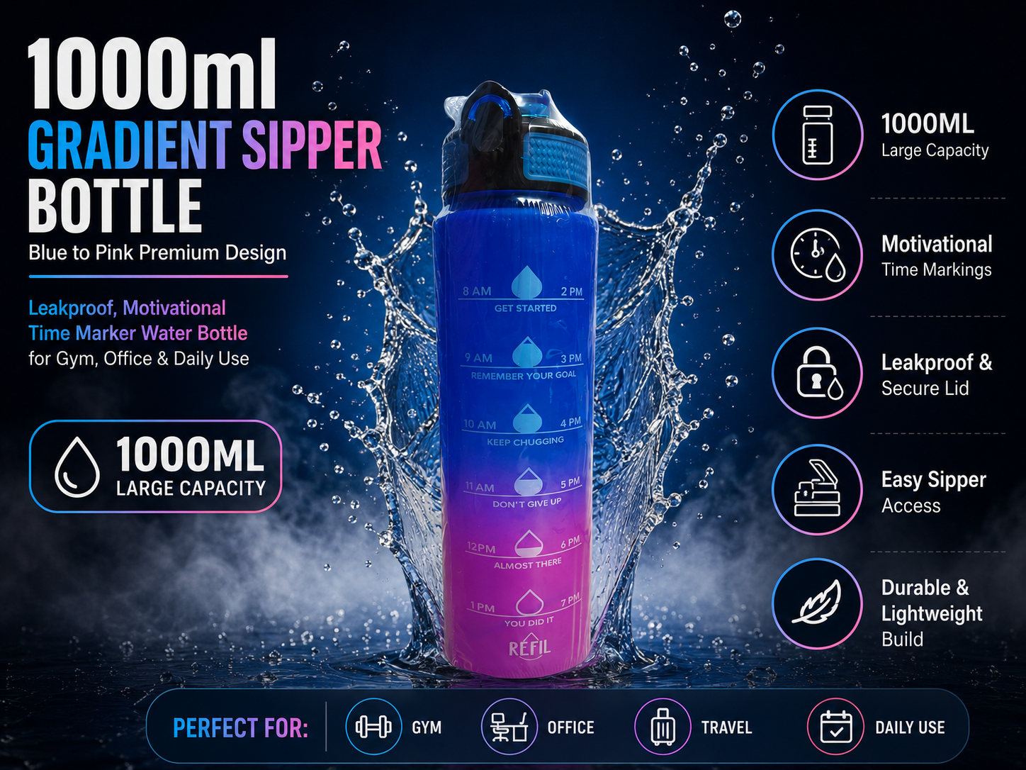 A 1000ml gradient water bottle with a blue-to-pink color transition, shown in a dynamic splash scene with text highlighting its features and capacity.
