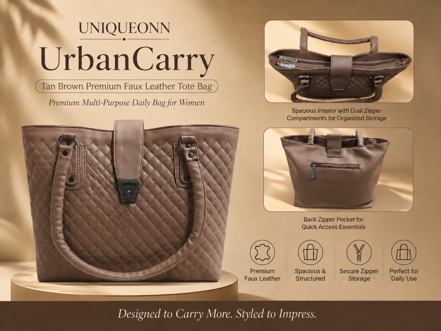 A tan brown quilted faux leather tote bag by UNIQUEONN, shown on a beige draped background with product text, feature callouts, and two smaller inset views of the bag from different angles.