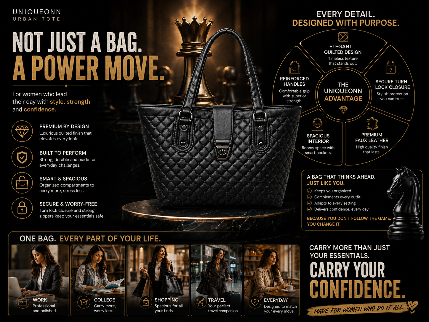 A promotional infographic for the Unequellon Urban Tote handbag. The image features a large quilted black handbag with gold hardware and a crown on top, set against a dark, moody background with a small model in a luxury store.