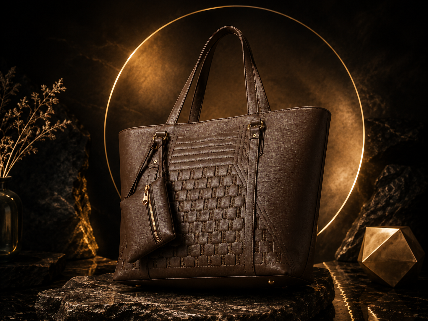 A dark brown leather tote bag with a matching zippered pouch, displayed on a dark stone pedestal with a glowing gold circular backdrop.