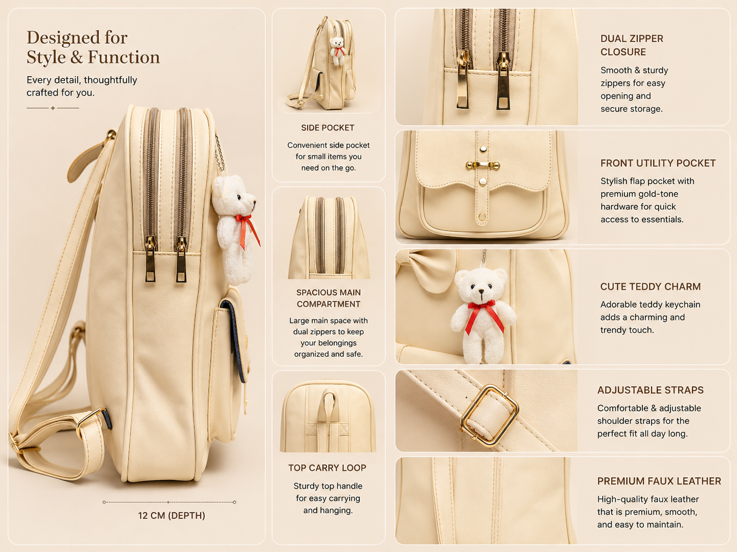 A product feature infographic for a beige faux leather shoulder bag, showing multiple labeled detail callouts including side pocket, front utility pocket, dual zipper closure, main compartment, straps, and a teddy bear charm on a cream background.