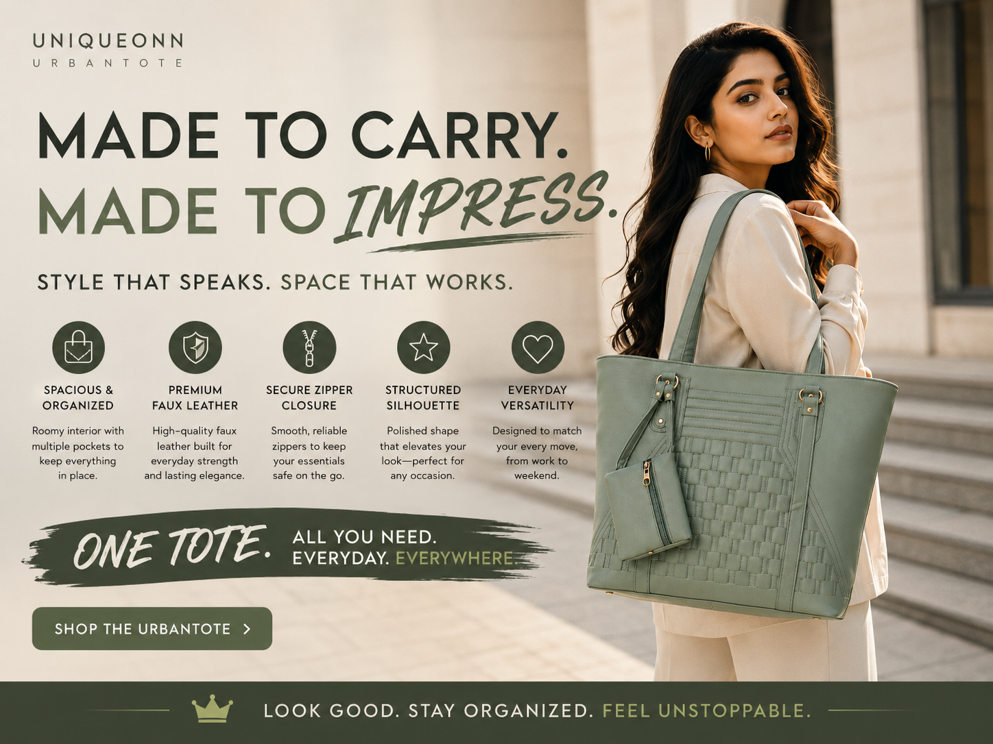 A woman wearing a cream outfit carries a large sage green croc-embossed tote bag from Uniqueonn Urbantoe. The image is a promotional graphic with text highlighting the bag's features and design.