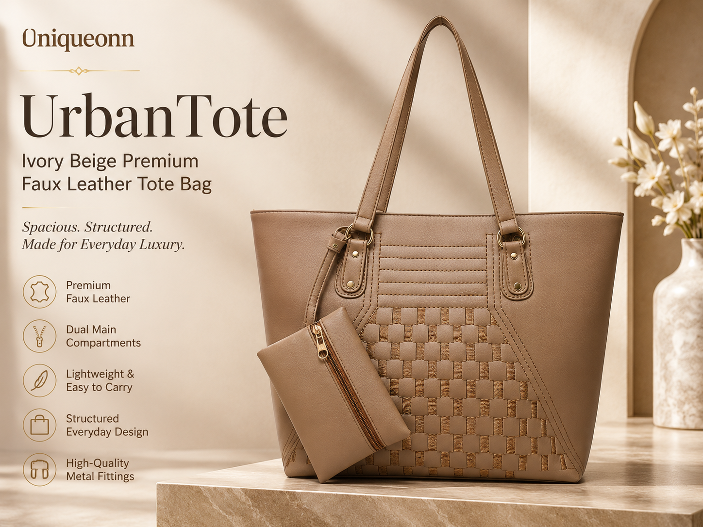 UrbanTote ivory beige faux leather tote bag with a matching zippered pouch, displayed on a wooden surface with elegant interior decor and promotional text on the left.