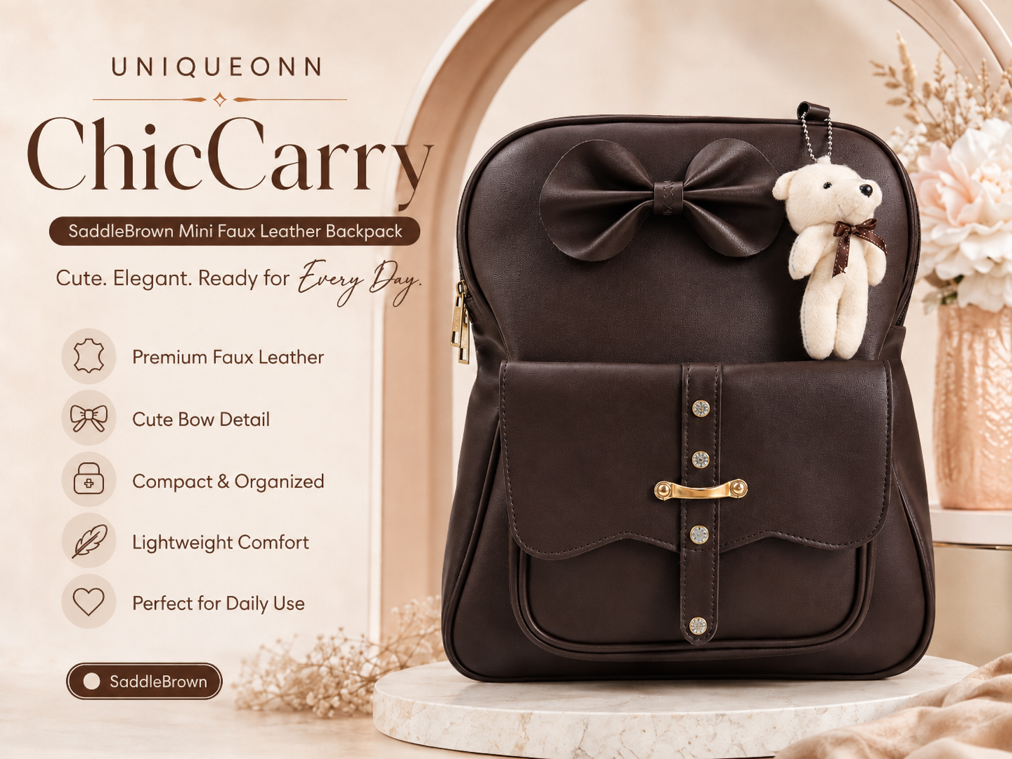 A dark brown faux leather backpack with a large bow on the back, gold-tone hardware, and a small teddy bear charm, displayed on a marble pedestal with promotional text on a beige background.