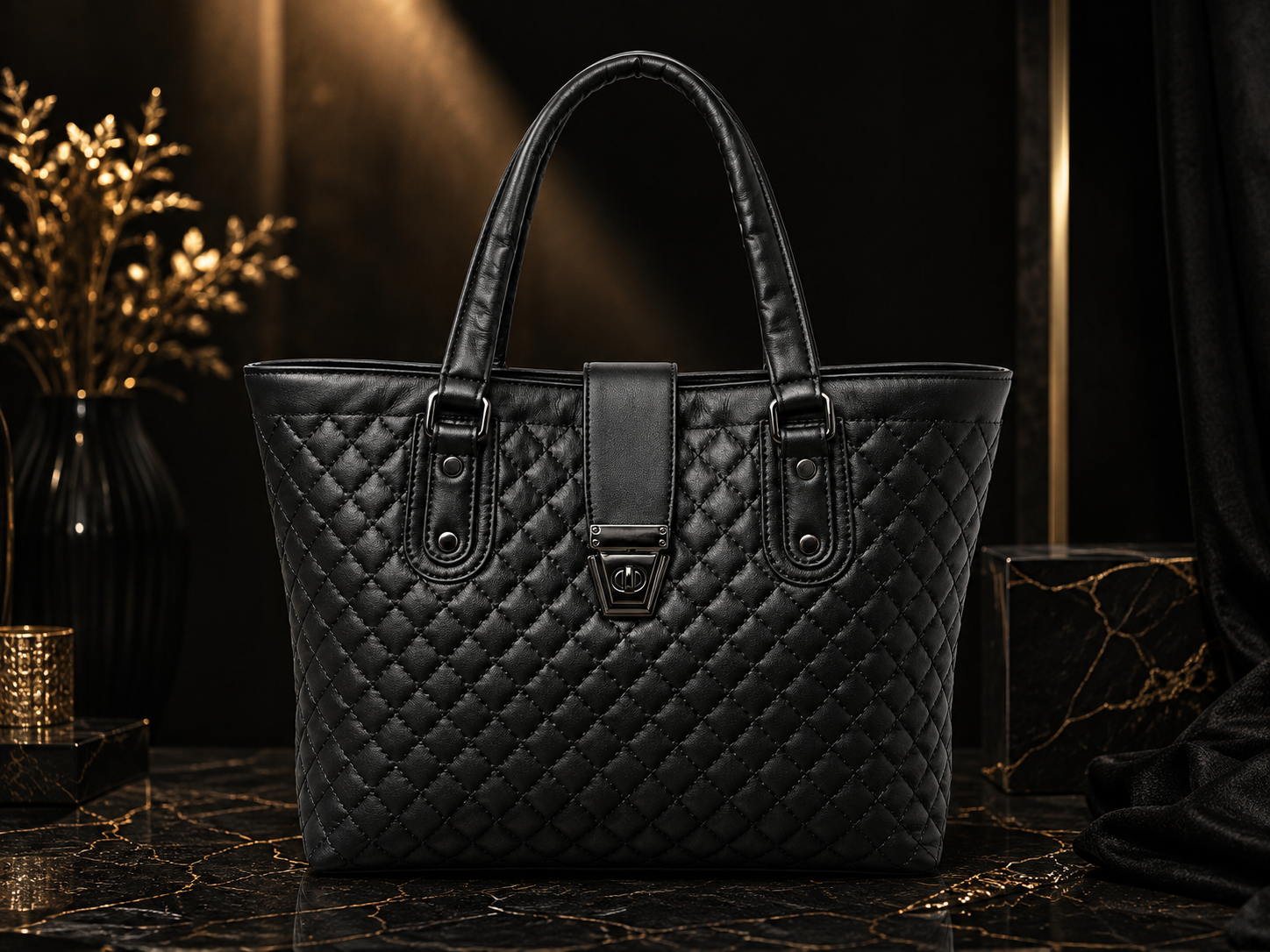A black quilted leather tote bag with double top handles and a central strap closure, displayed on a dark marble surface with a moody, elegant background.