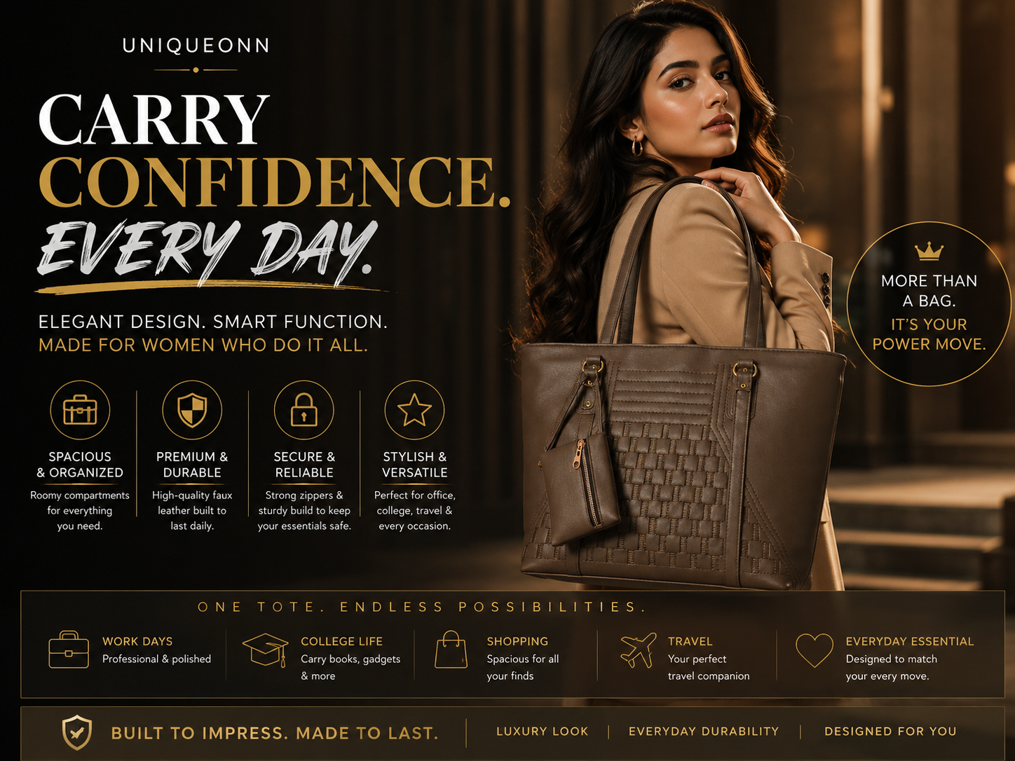 A large brown tote bag with a structured design and a front zipper pocket, shown being carried by a woman in a beige coat against a dark, warm-toned background. The image is a promotional graphic for the brand UNIQUEONN, featuring text overlays and feature icons.
